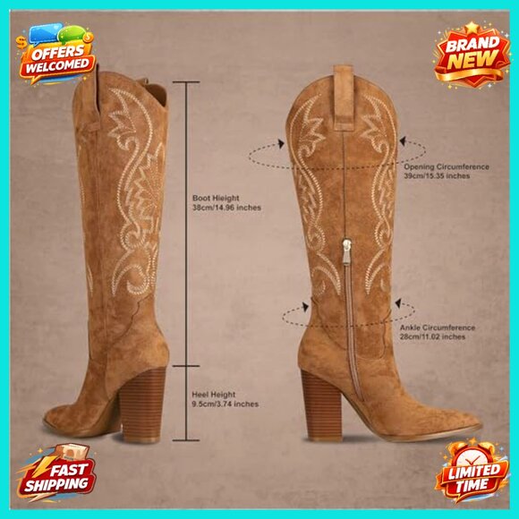 Knee High Cowboy Boots Pointed Toe Chunky Heel Pull-on Embroidered Western Wide - Picture 6 of 7